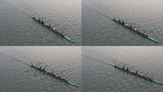湖中多人划船航拍高清在线视频素材下载