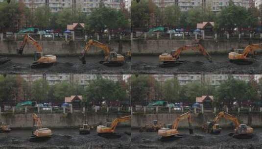 挖掘机在清理河道成都城市建设高清在线视频素材下载