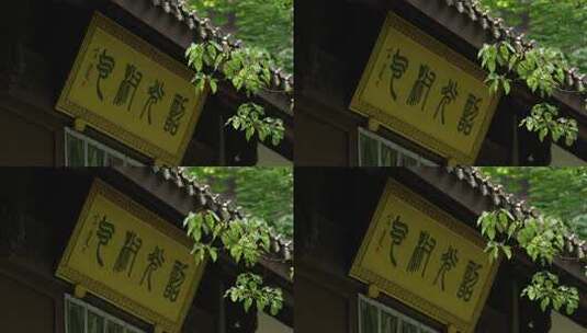 杭州虎跑古建筑牌匾前的绿色树叶被风吹动高清在线视频素材下载