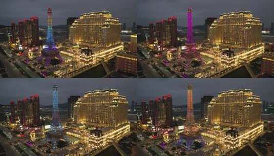 澳门巴黎人度假村酒店建筑夜景航拍风光高清在线视频素材下载