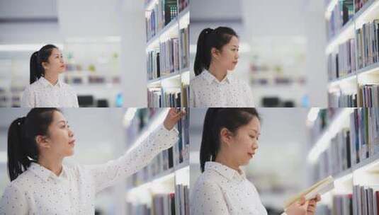 中年女性在图书馆看书高清在线视频素材下载