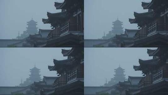 雨天的传统古建筑江南古风年年红红木小镇高清在线视频素材下载