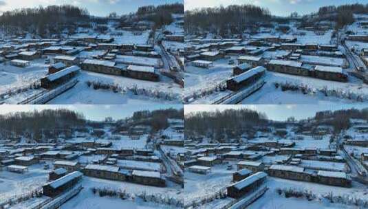 冬季长白山抚松县锦江木屋村航拍风光高清在线视频素材下载
