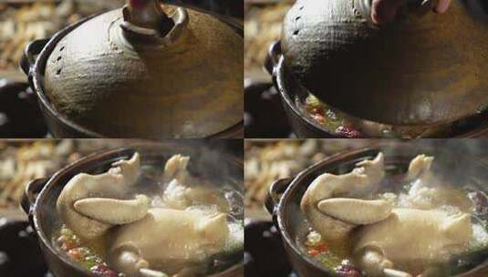 砂锅里沸腾的鸡汤高清在线视频素材下载