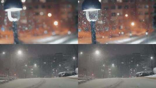 下雪的街道 无人的街道下着雪  城市下雪高清在线视频素材下载