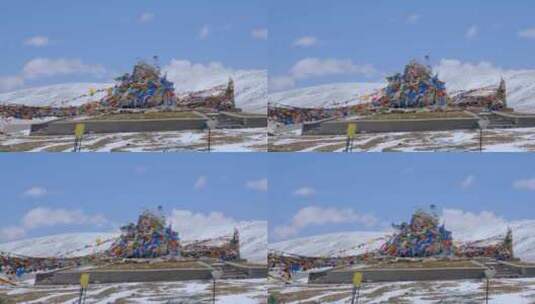 雪山下寒风中的蒙古族敖包高清在线视频素材下载