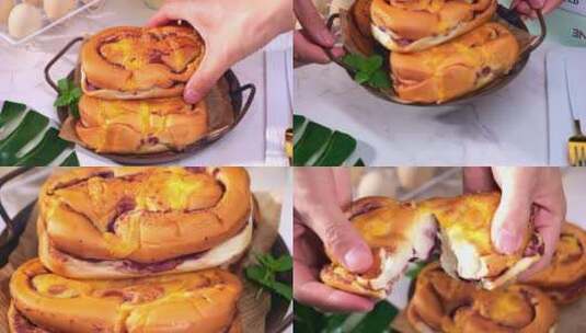 椰蓉紫薯面包 面包烘焙 美食小吃高清在线视频素材下载