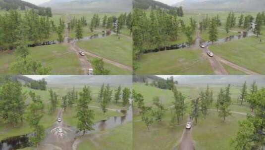 越野车经过森林中的河水高清在线视频素材下载