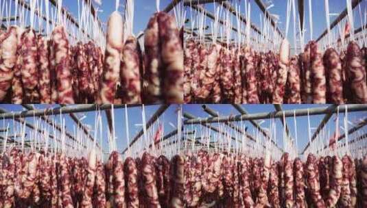 晾晒香肠腊肠制作新年春节传统肉制品年货高清在线视频素材下载
