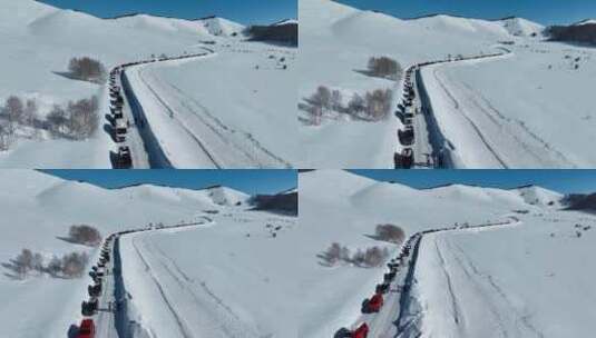 新疆冬季旅游 禾木冬天进村道路堵车高清在线视频素材下载