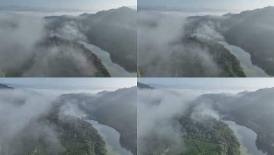 横移航拍云中的湖边露营地高清在线视频素材下载
