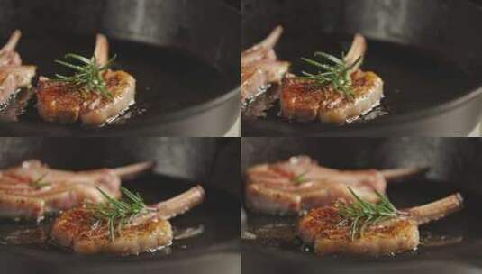 煎羊排羊肉铸铁锅煎锅平底锅美食特写高清在线视频素材下载