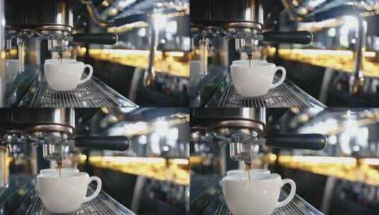餐厅的专用咖啡机将咖啡倒入杯子高清在线视频素材下载