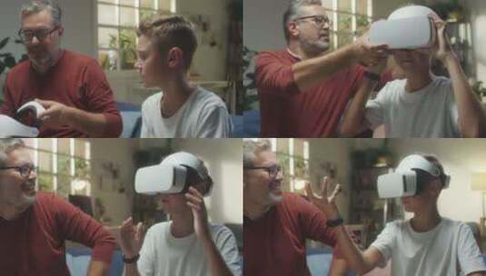 父子在家玩VR游戏高清在线视频素材下载