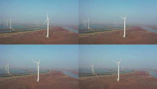 航拍山东东营大海边大唐国际的风电厂高清在线视频素材下载