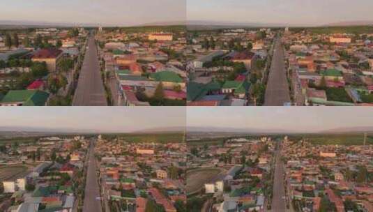 航拍清晨新疆特克斯县的彩色房子高清在线视频素材下载