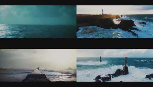 大海海岸灯塔日出海鸟飞翔海浪冲击海岛海水高清在线视频素材下载