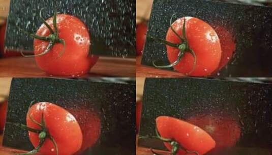 西红柿上有水珠并伴有雨水效果高清在线视频素材下载