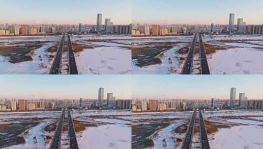 中国黑龙江哈尔滨公路大桥冬季航拍高清在线视频素材下载