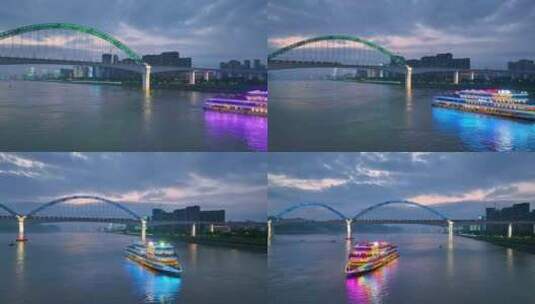 航拍宜昌长江游船与高铁动车同框高清在线视频素材下载