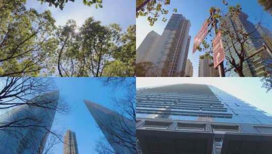夏天阳光穿过树叶高楼大厦风景视频素材高清在线视频素材下载