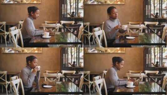 拉丁自由职业者女商人坐在咖啡馆里，在笔记高清在线视频素材下载