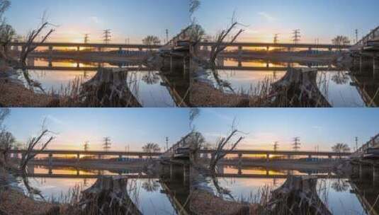 河边高铁高架桥日落延时高清在线视频素材下载