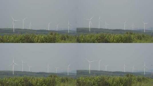 山东文登米山水库田野里的风力发电机组高清在线视频素材下载