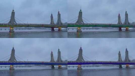 城市桥梁下雪桥上的行人高清在线视频素材下载