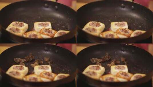 平底锅煎制酿豆腐豆腐盒子高清在线视频素材下载