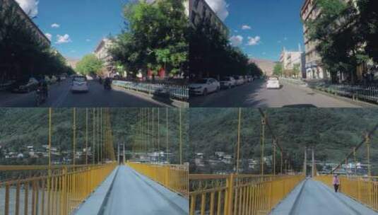 芒康县城视频车辆穿过西藏芒康县城铁索桥高清在线视频素材下载