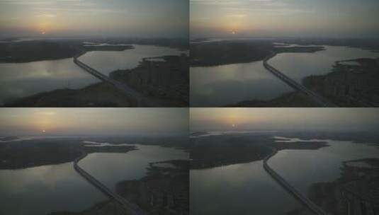 武汉江夏4环航拍与太阳大桥湖景清晨709高清在线视频素材下载