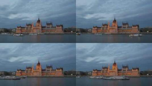 以匈牙利议会大厦为背景的游轮和渡轮高清在线视频素材下载