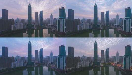 延时摄影日转夜武汉西北湖地标高楼夜景高清在线视频素材下载