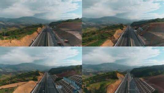 公路建设视频山区高速公路挡土墙绿植施工高清在线视频素材下载