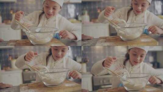 小女孩把牛奶倒入碗中高清在线视频素材下载