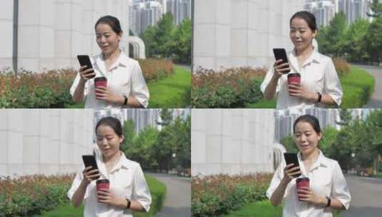 亚洲东方中国女性户外办公打电话玩手机高清在线视频素材下载