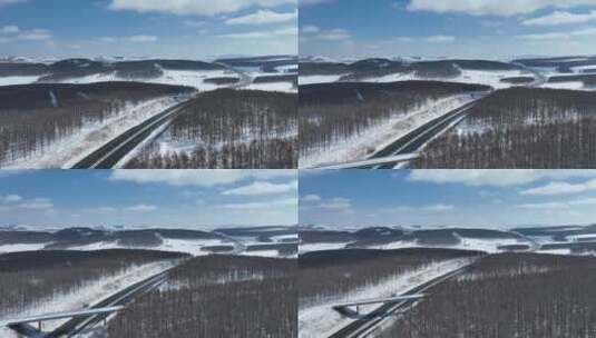 早春风雪穿越大兴安岭林区的高速公路高清在线视频素材下载