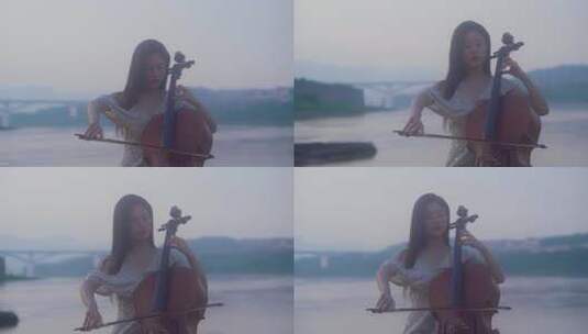 美女江边拉大提琴高清在线视频素材下载