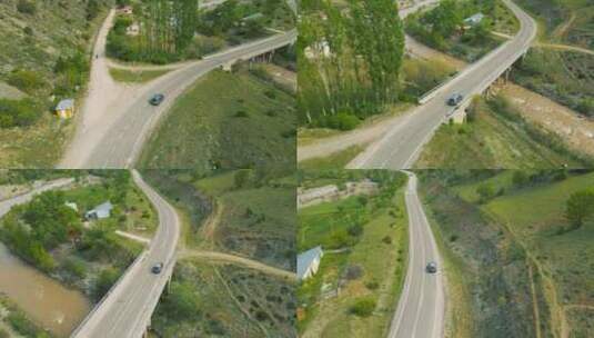 在山路上行驶的乘用车的俯视图高清在线视频素材下载