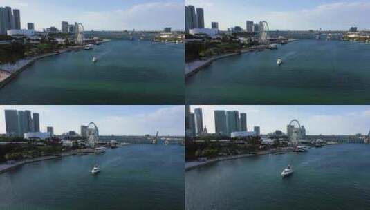 美国迈阿密海湾公园前一艘游艇的鸟瞰图高清在线视频素材下载