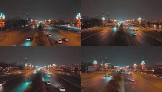 春节夜晚城市道路车流高清在线视频素材下载