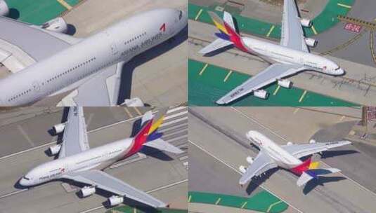 俯拍空客A380机场跑道滑行起飞全过程高清在线视频素材下载