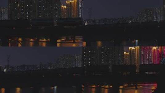 油罐专列夜晚开过城市河流桥梁一组高清在线视频素材下载