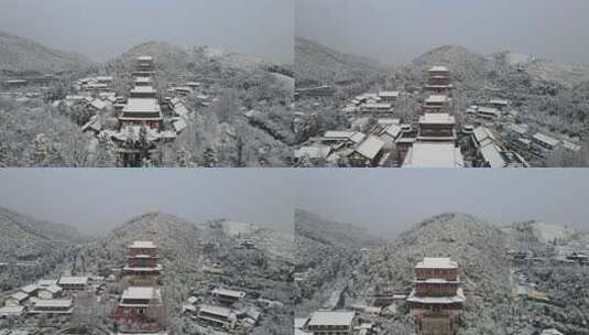 航拍杭州径山寺中式古建筑寺庙山顶森林雪景高清在线视频素材下载