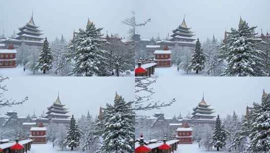 雪中古色古香的建筑群和树木高清在线视频素材下载