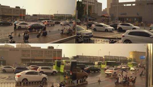 雨天城市街道上的车辆与建筑景象高清在线视频素材下载