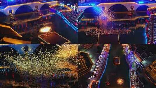 中国非遗表演打铁花火壶演出夜景古镇航拍高清在线视频素材下载