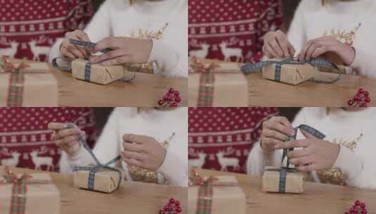 女孩用手包装圣诞节礼物高清在线视频素材下载