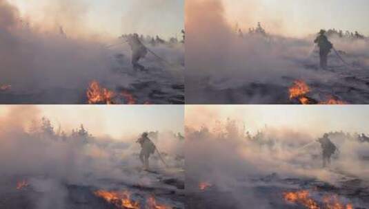 消防员在失火的森林里灭火高清在线视频素材下载